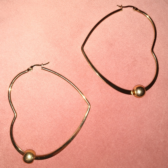 Big Hearts Gold Heart Shaped Hoops Large 60mm Hoop Earrings with Bead Minimalist - Picture 3 of 6